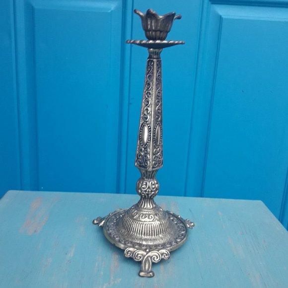 Brass Candlestick Metal Candle Holder Gothic Greek Revival Ornate Scrollwork - Picture 5 of 11
